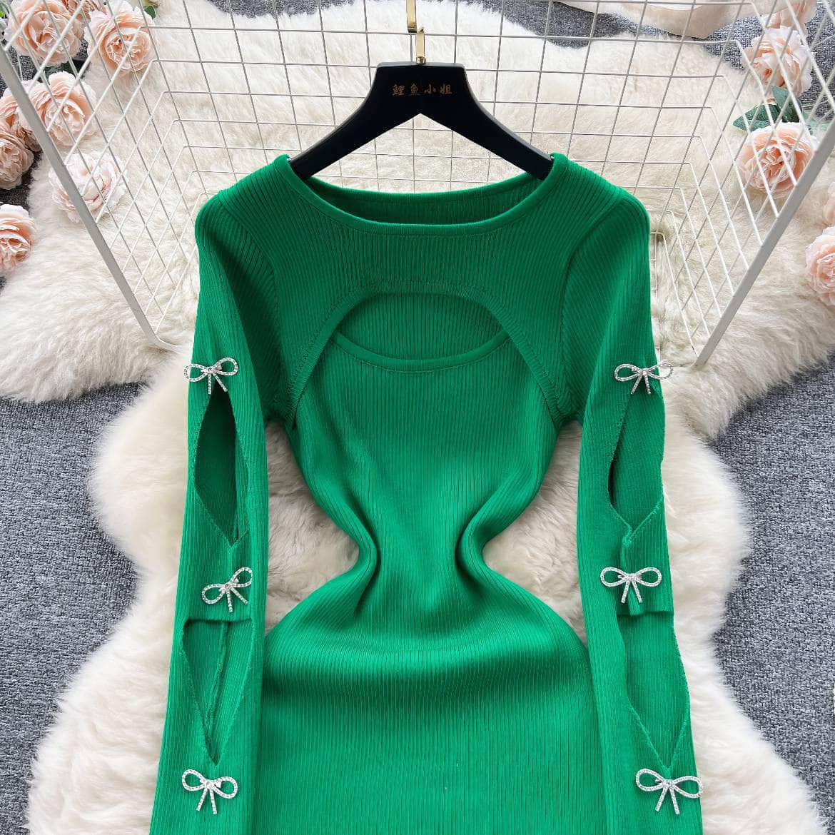 Rhinestone Bow Cut Out Detail Knitted Sweater Dress