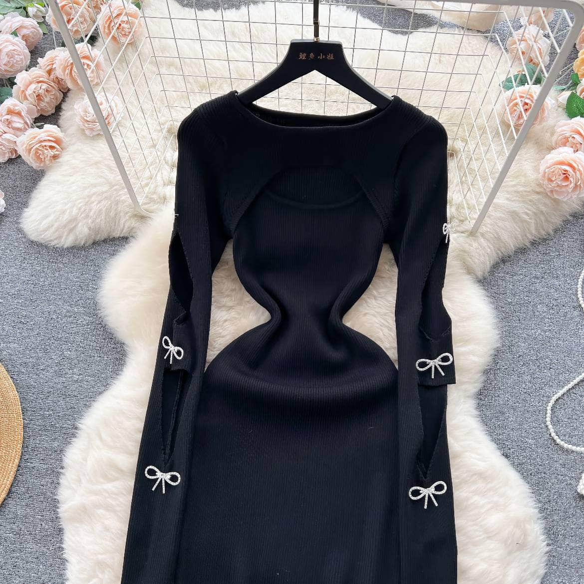 Rhinestone Bow Cut Out Detail Knitted Sweater Dress