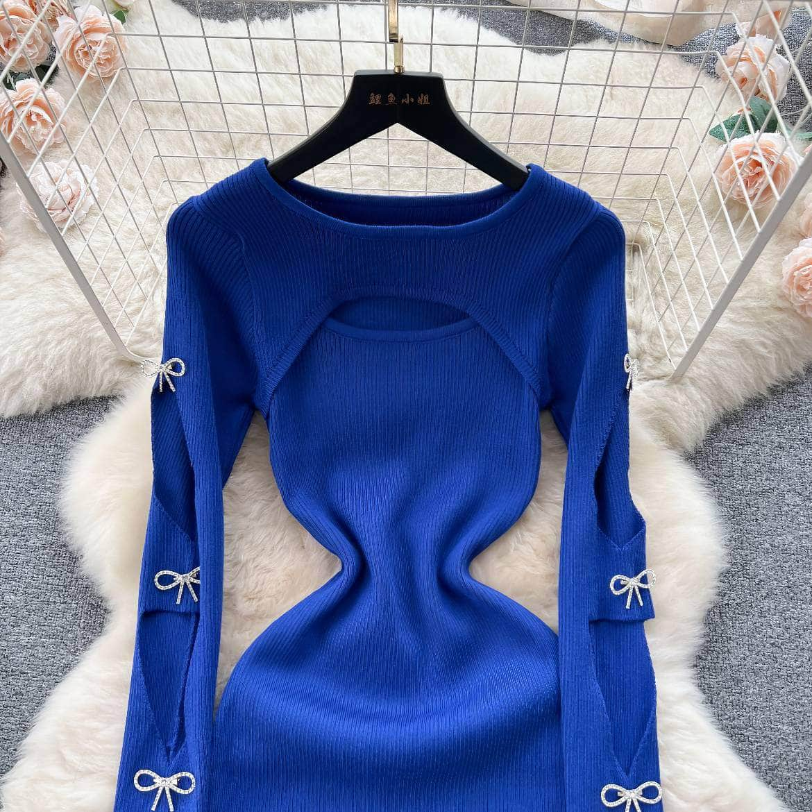 Rhinestone Bow Cut Out Detail Knitted Sweater Dress