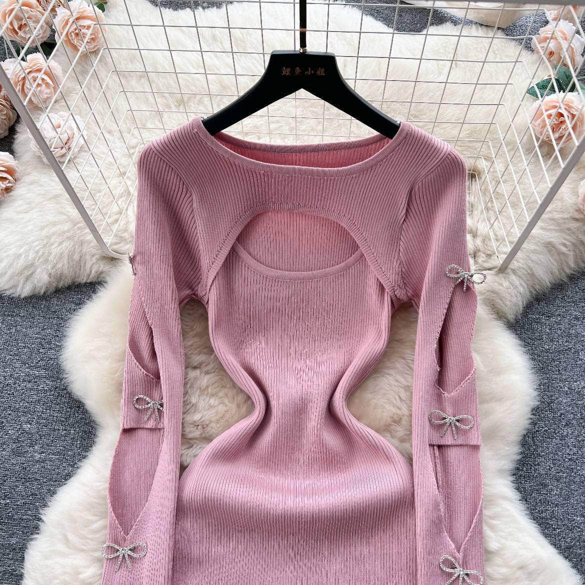 Rhinestone Bow Cut Out Detail Knitted Sweater Dress