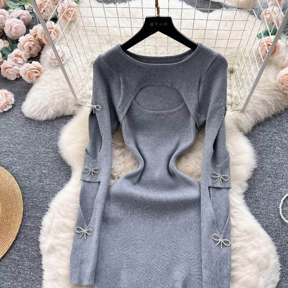 Rhinestone Bow Cut Out Detail Knitted Sweater Dress