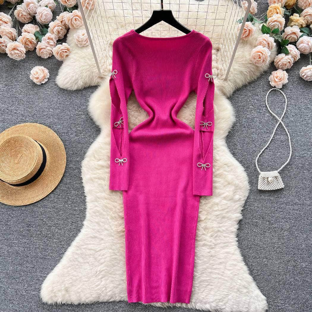 Rhinestone Bow Cut Out Detail Knitted Sweater Dress