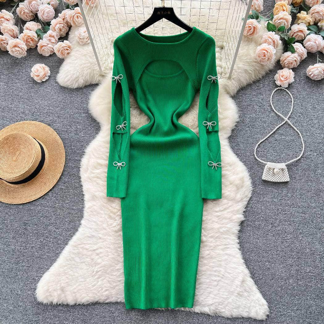 Rhinestone Bow Cut Out Detail Knitted Sweater Dress