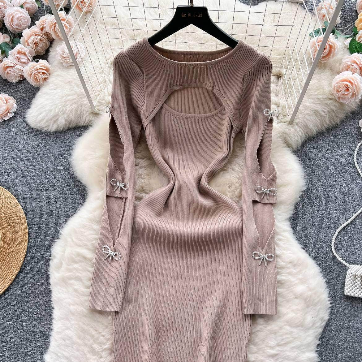 Rhinestone Bow Cut Out Detail Knitted Sweater Dress