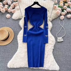 Rhinestone Bow Cut Out Detail Knitted Sweater Dress MAX SIZE / Blue