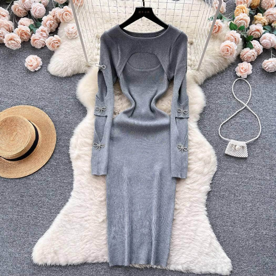 Rhinestone Bow Cut Out Detail Knitted Sweater Dress MAX SIZE / Gray