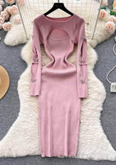 Rhinestone Bow Cut Out Detail Knitted Sweater Dress MAX SIZE / Pink