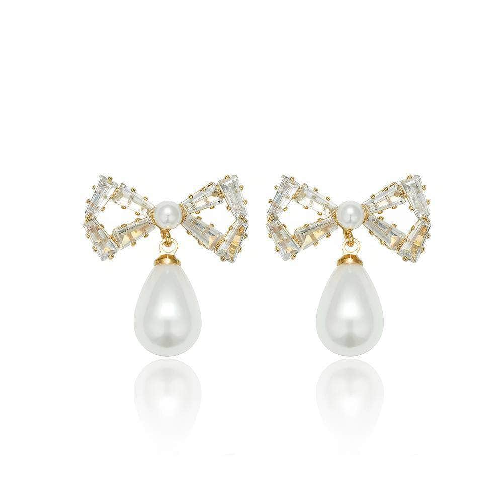 Rhinestone Bow Drop Minimalist Earrings White / Clip On