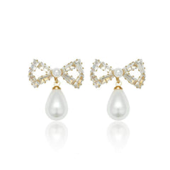 Rhinestone Bow Drop Minimalist Earrings White / Clip On