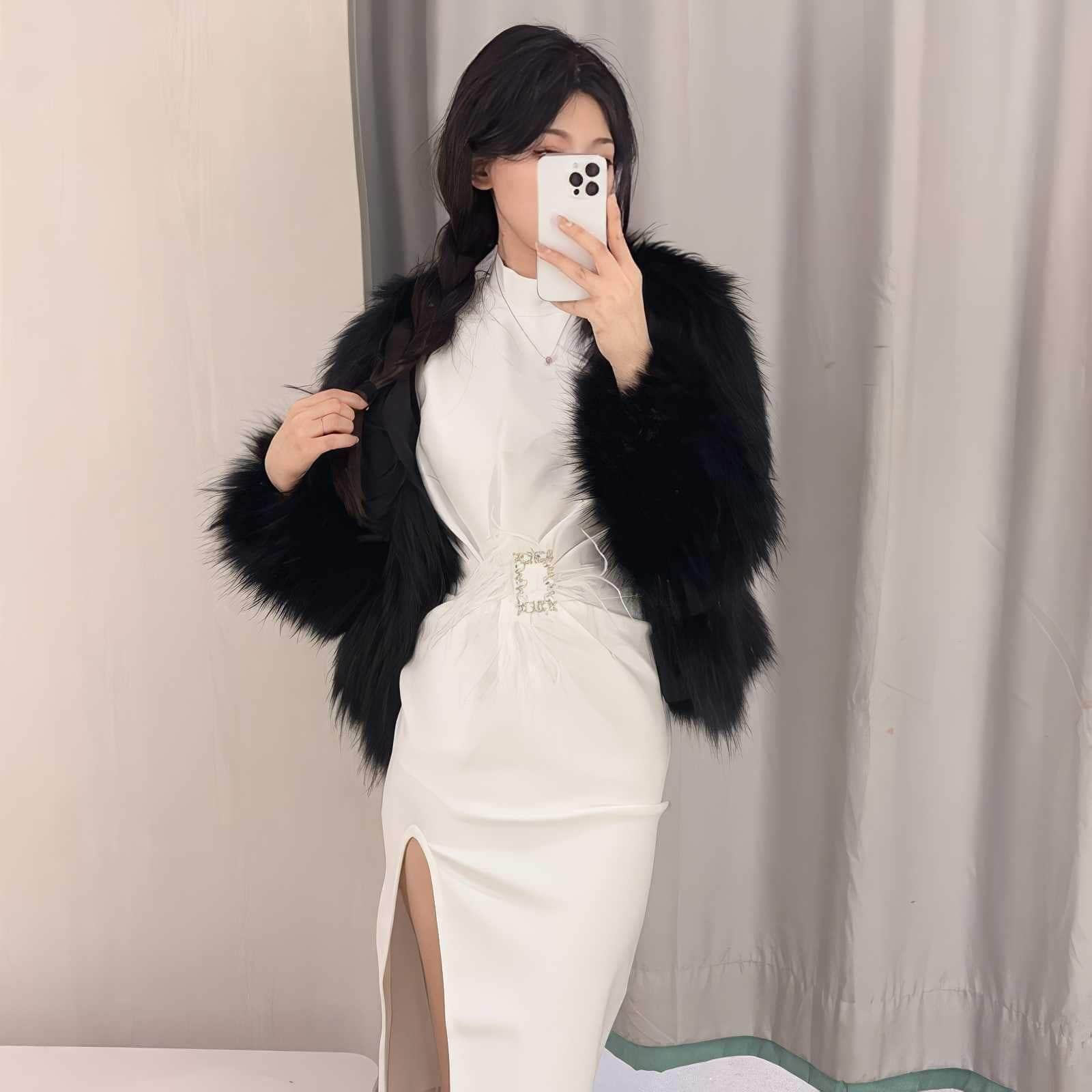 Rhinestone Buckle Feather Trimmed Dress S / White