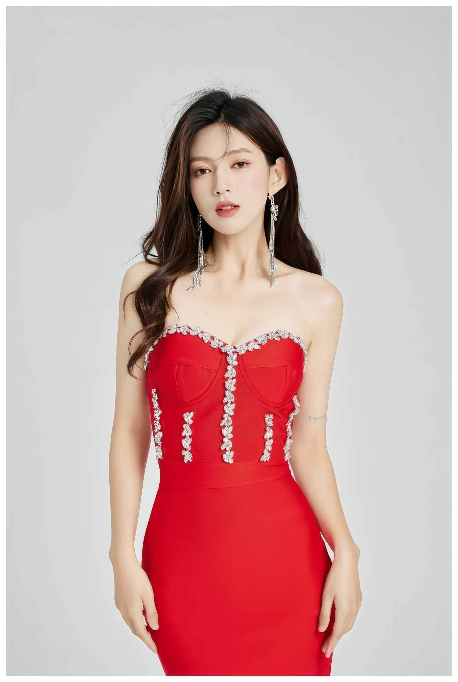 Rhinestone Bustier Bodycon Midi Dress