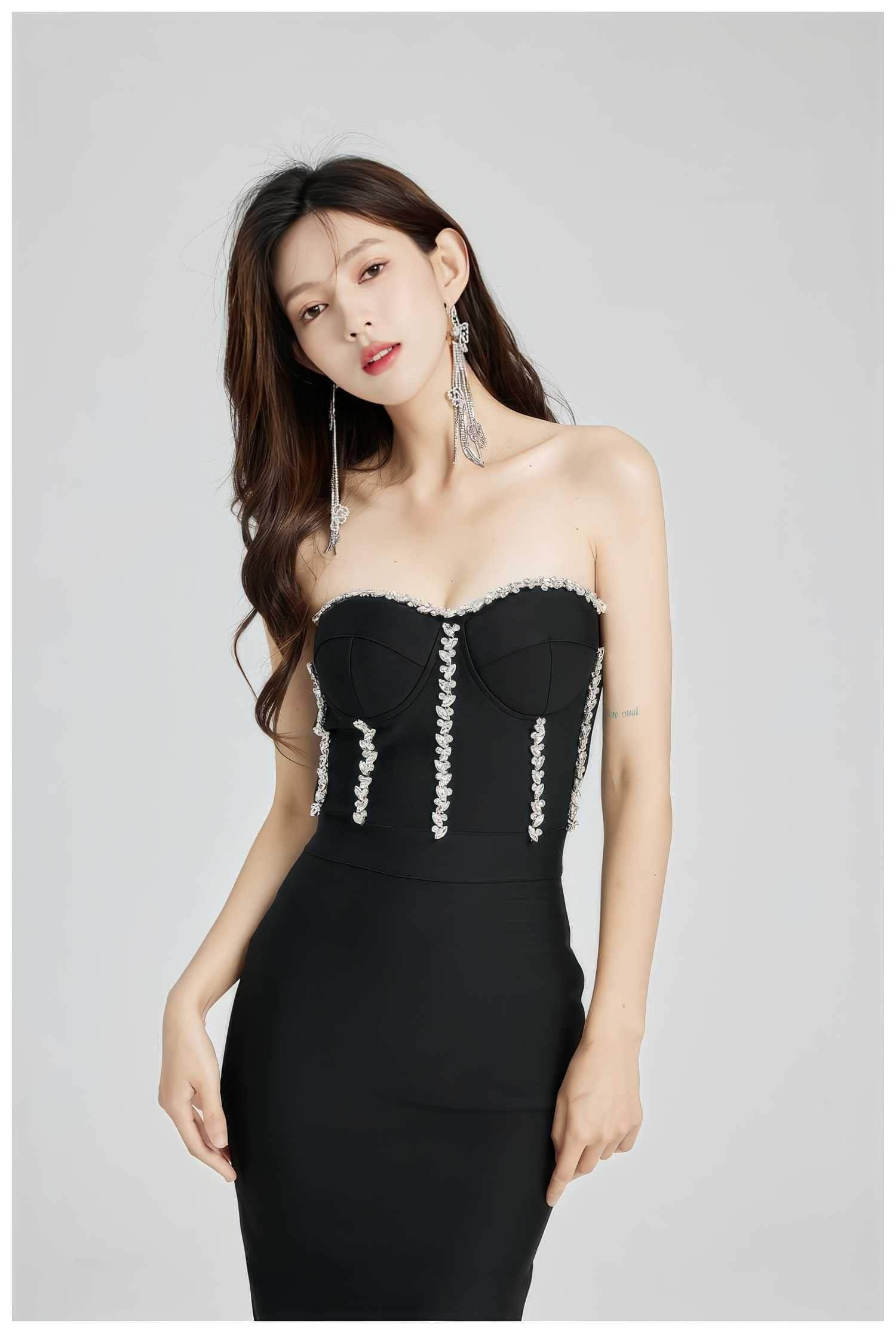 Rhinestone Bustier Bodycon Midi Dress