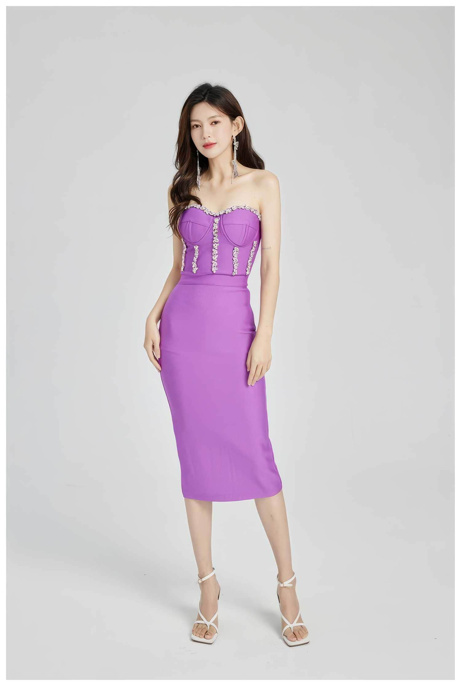 Rhinestone Bustier Bodycon Midi Dress S / Purple