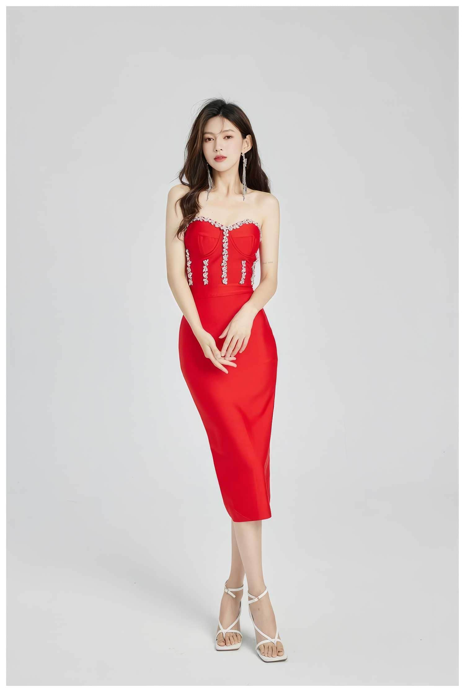 Rhinestone Bustier Bodycon Midi Dress S / Red