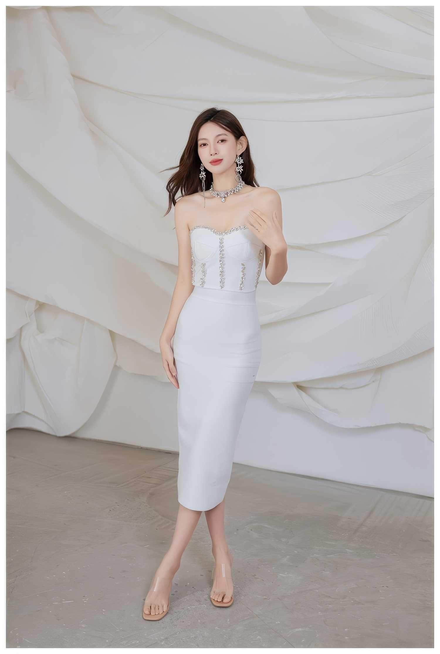 Rhinestone Bustier Bodycon Midi Dress S / White