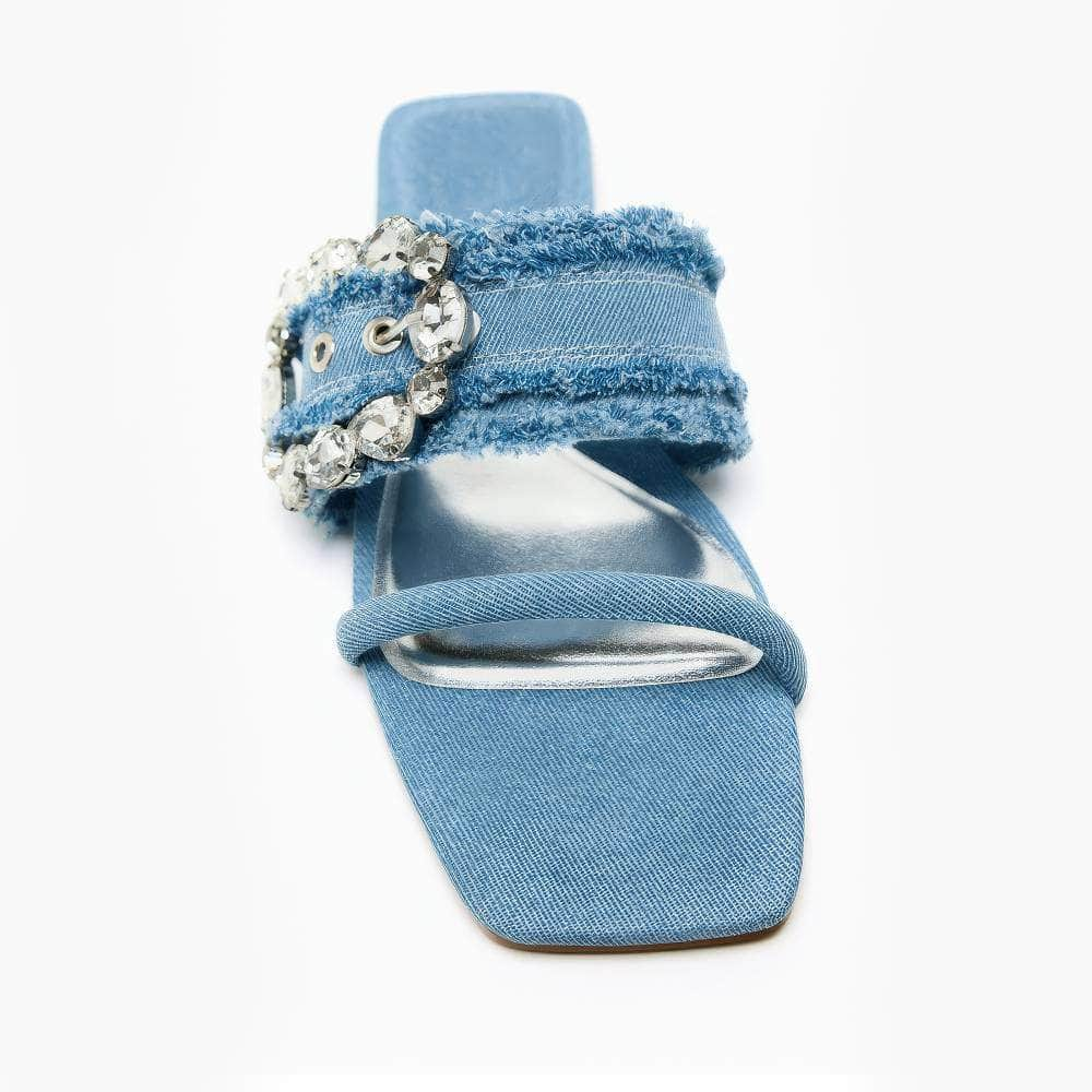 Rhinestone Decor Buckle Denim Flat Mules