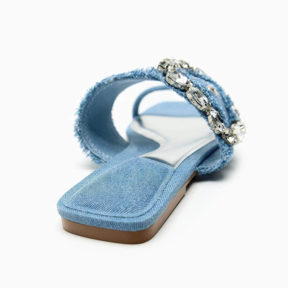 Rhinestone Decor Buckle Denim Flat Mules