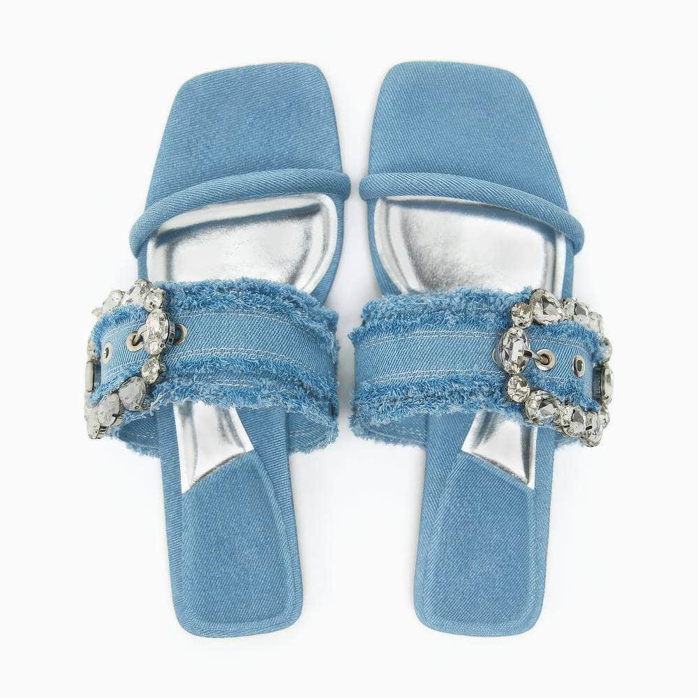 Rhinestone Decor Buckle Denim Flat Mules