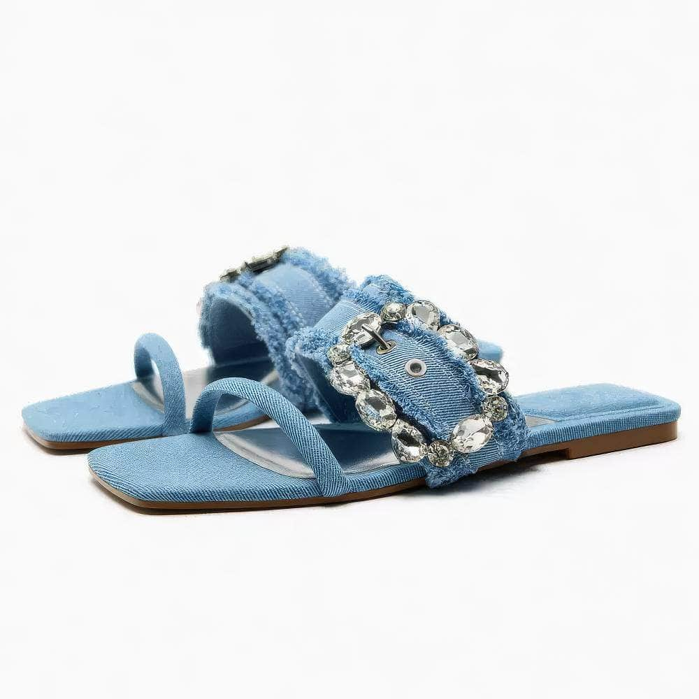 Rhinestone Decor Buckle Denim Flat Mules EU 34 / Blue