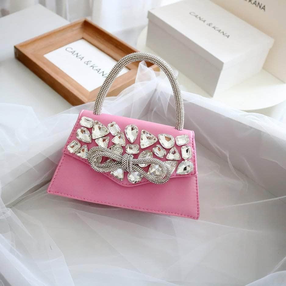 Rhinestone Decor Shimmery Bow Detailed Flap Bag Pink