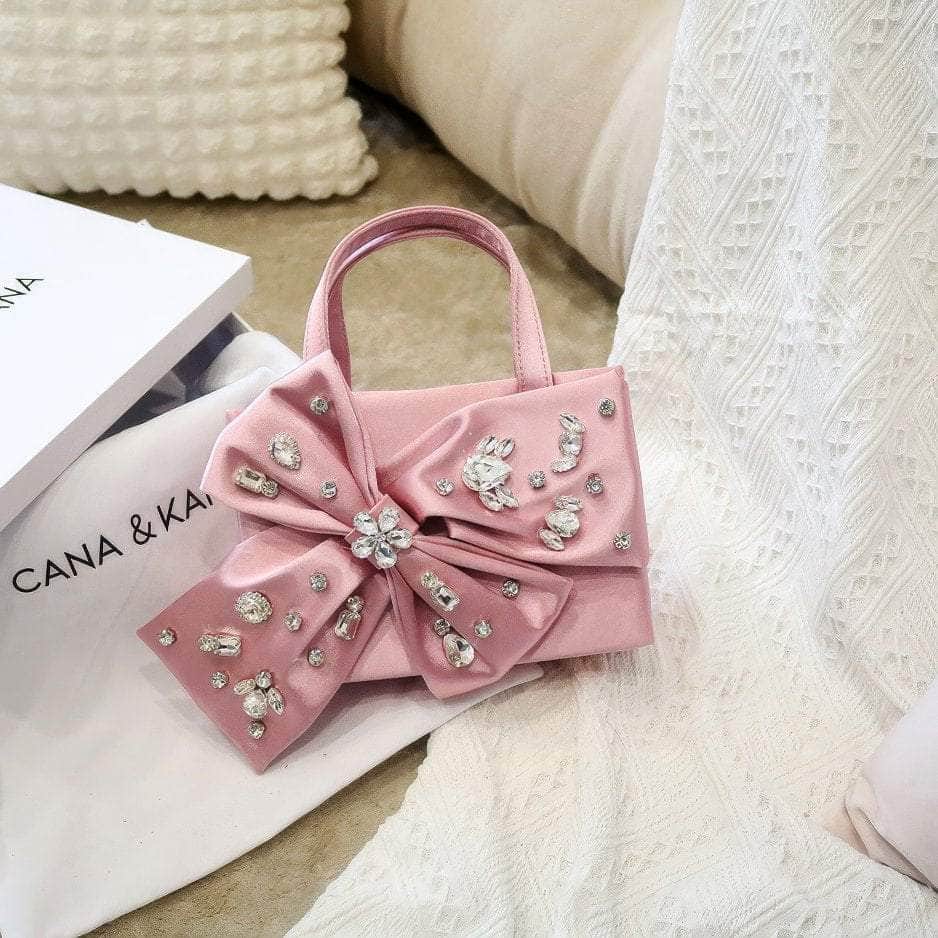 Rhinestone Decorated Bow Detailed Top Handle Bag