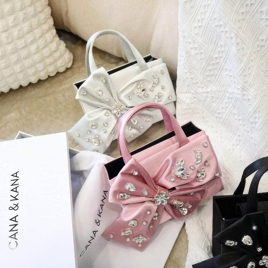 Rhinestone Decorated Bow Detailed Top Handle Bag