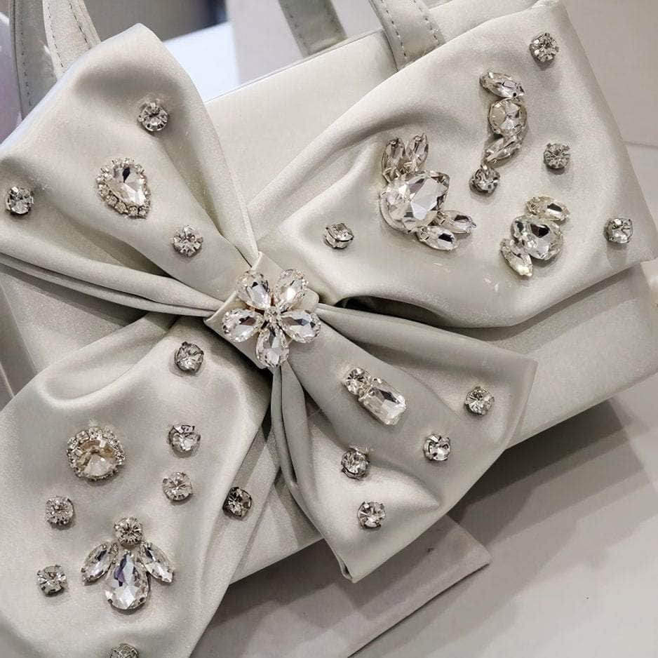 Rhinestone Decorated Bow Detailed Top Handle Bag