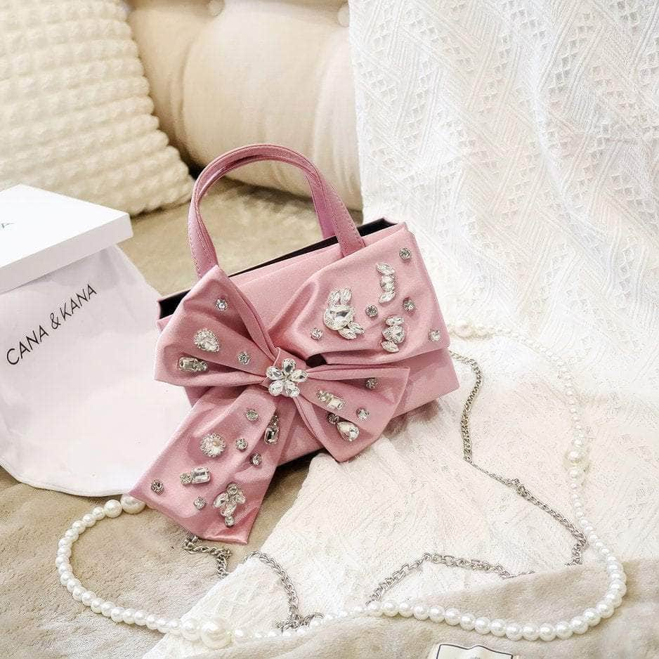 Rhinestone Decorated Bow Detailed Top Handle Bag