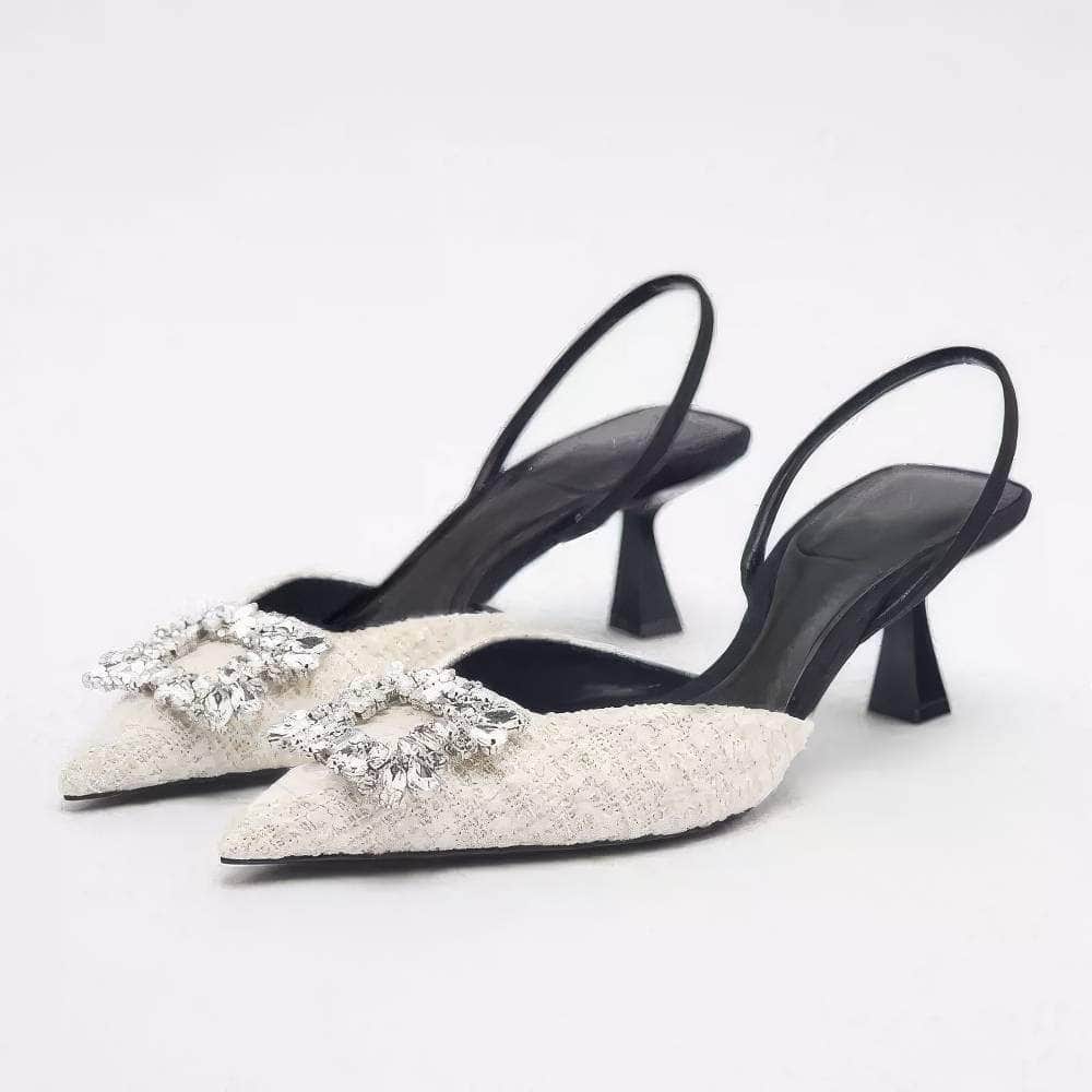 Rhinestone Decorated Tweed Low Heels Sandal Heels EU 34 / White / 5CM