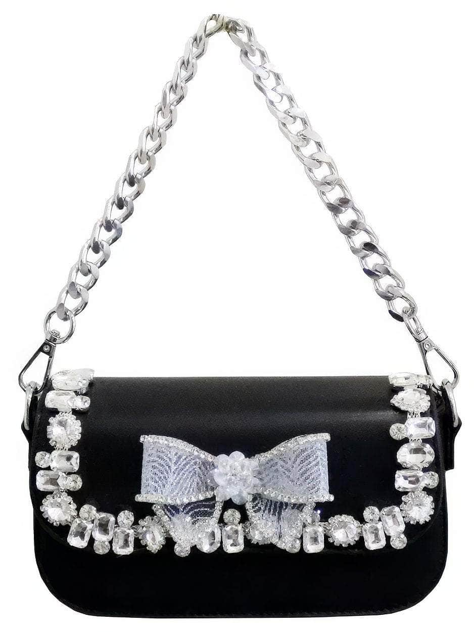 Rhinestone Embellished Bow Detailed Top Handle Chain Bag