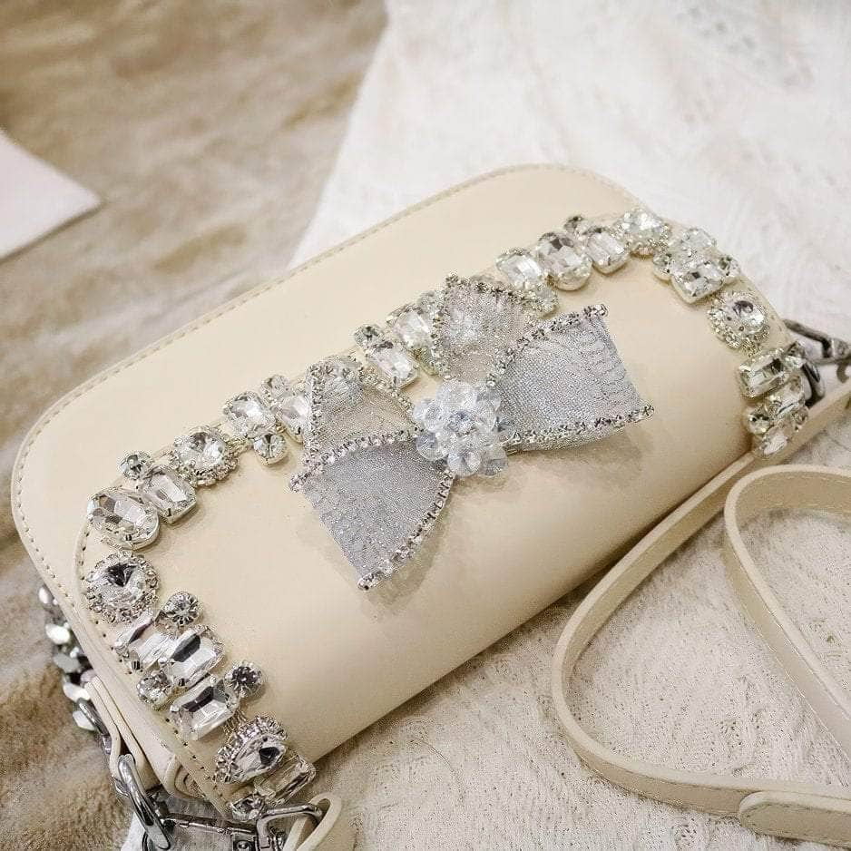 Rhinestone Embellished Bow Detailed Top Handle Chain Bag