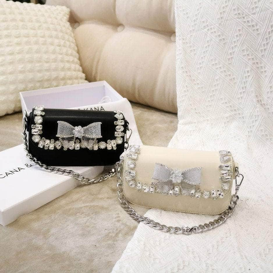 Rhinestone Embellished Bow Detailed Top Handle Chain Bag