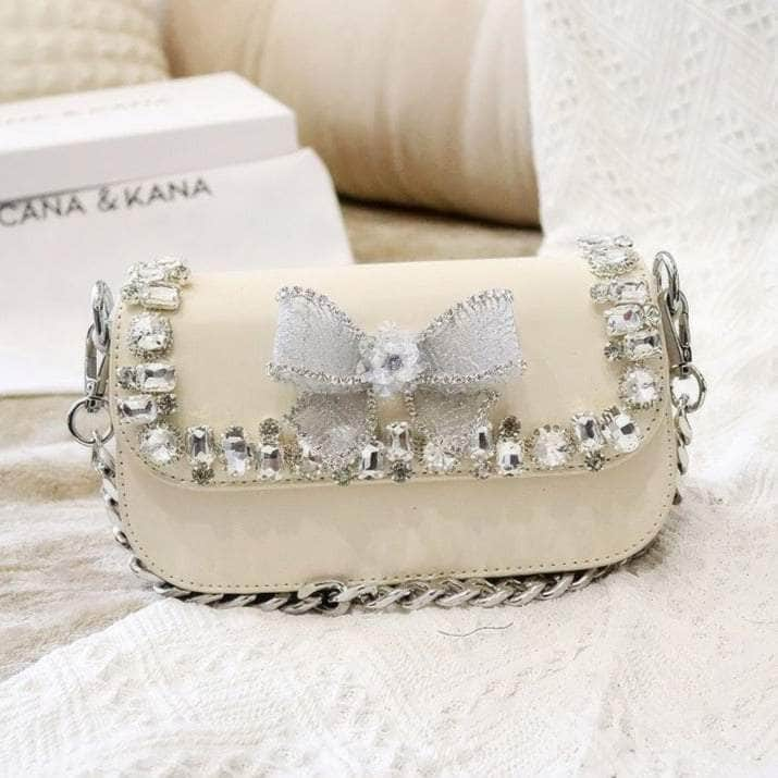 Rhinestone Embellished Bow Detailed Top Handle Chain Bag Ivory