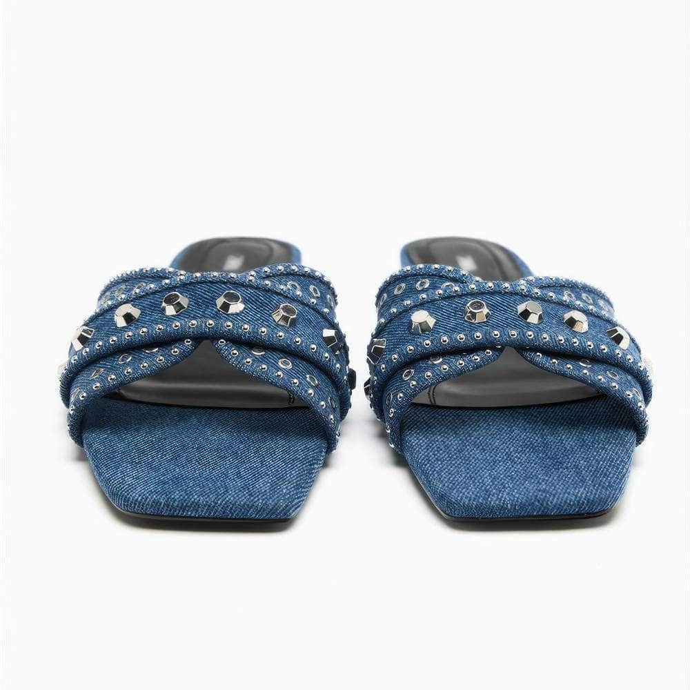 Rhinestone Embellished Denim Slip On Flat Mules