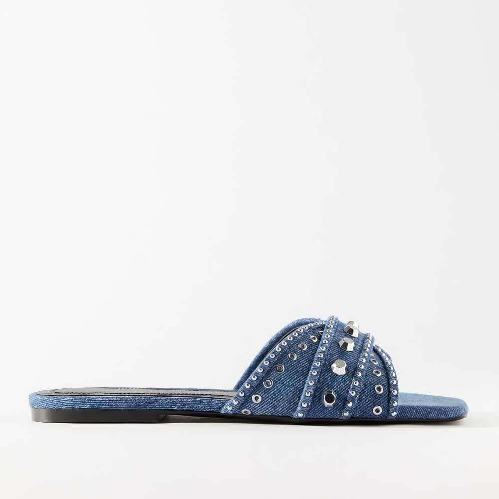 Rhinestone Embellished Denim Slip On Flat Mules