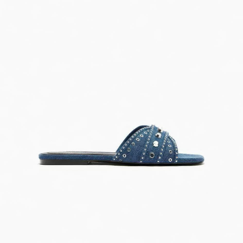 Rhinestone Embellished Denim Slip On Flat Mules