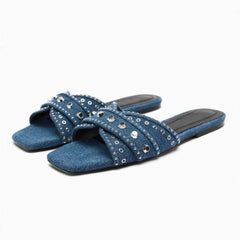 Rhinestone Embellished Denim Slip On Flat Mules EU 34 / Blue