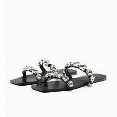 Rhinestone Embellished Flat Slippers EU 34 / Black