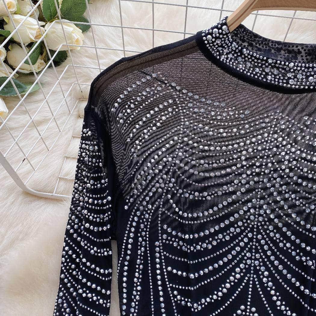 Rhinestone Embellished Long Sleeve Mesh Top