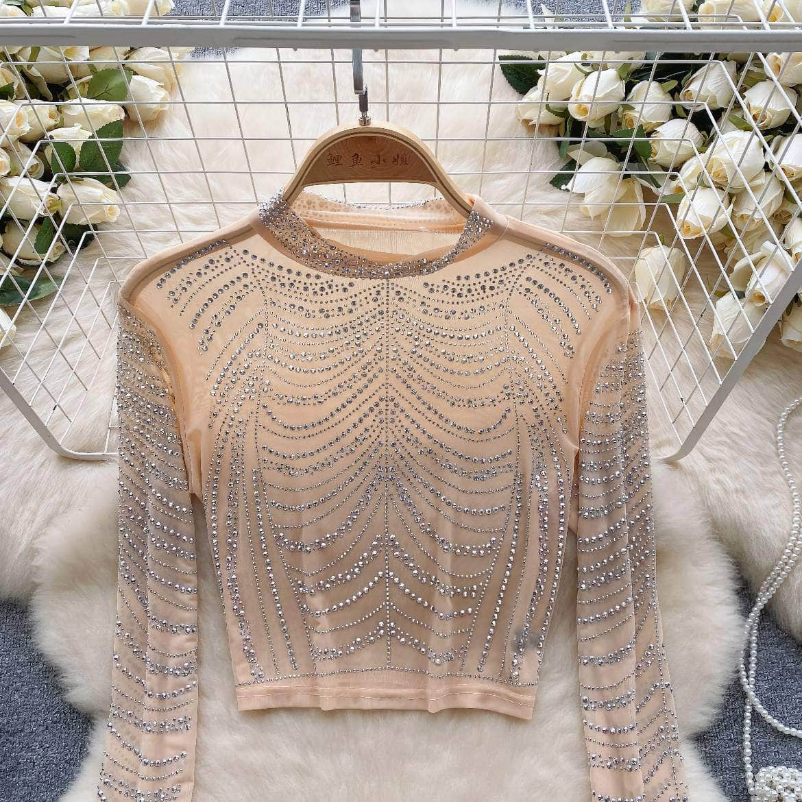 Rhinestone Embellished Long Sleeve Mesh Top