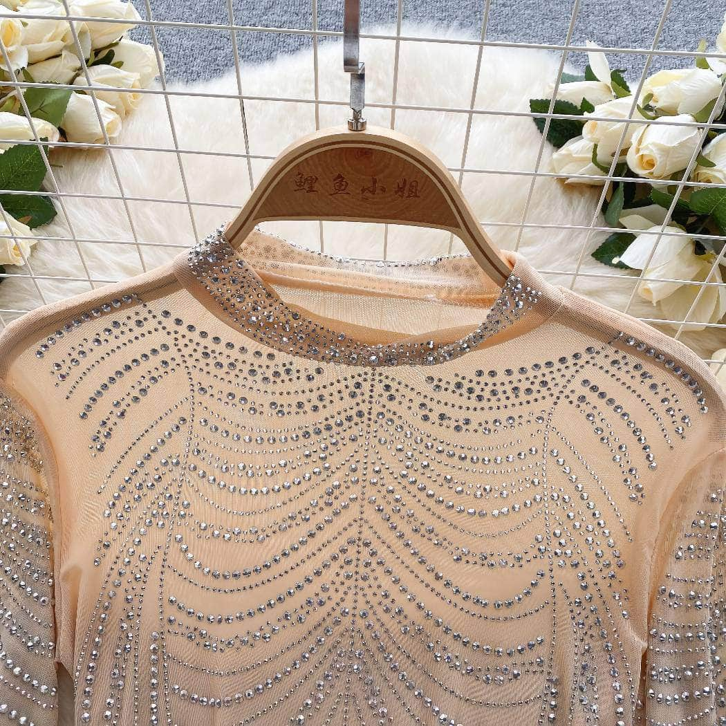 Rhinestone Embellished Long Sleeve Mesh Top