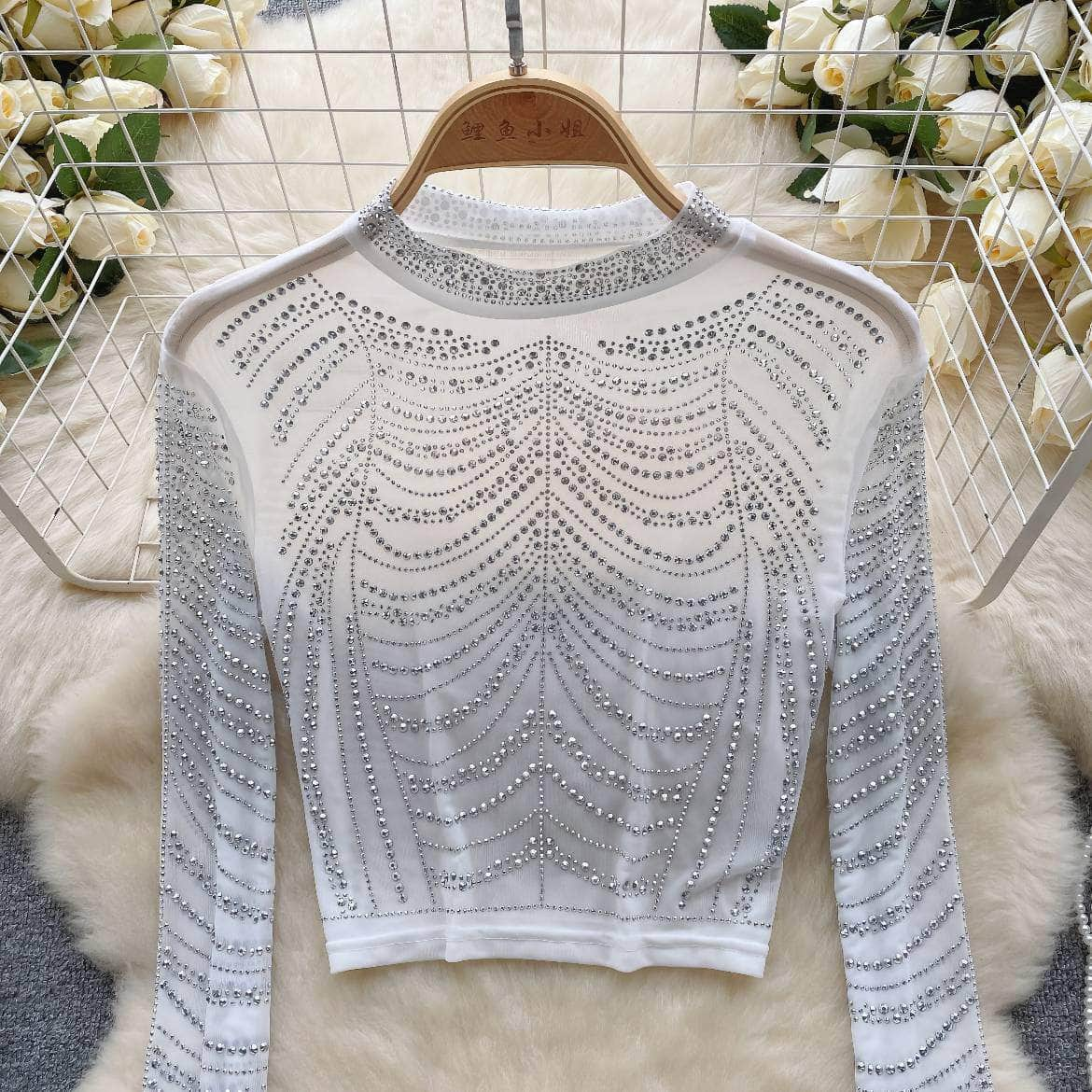 Rhinestone Embellished Long Sleeve Mesh Top