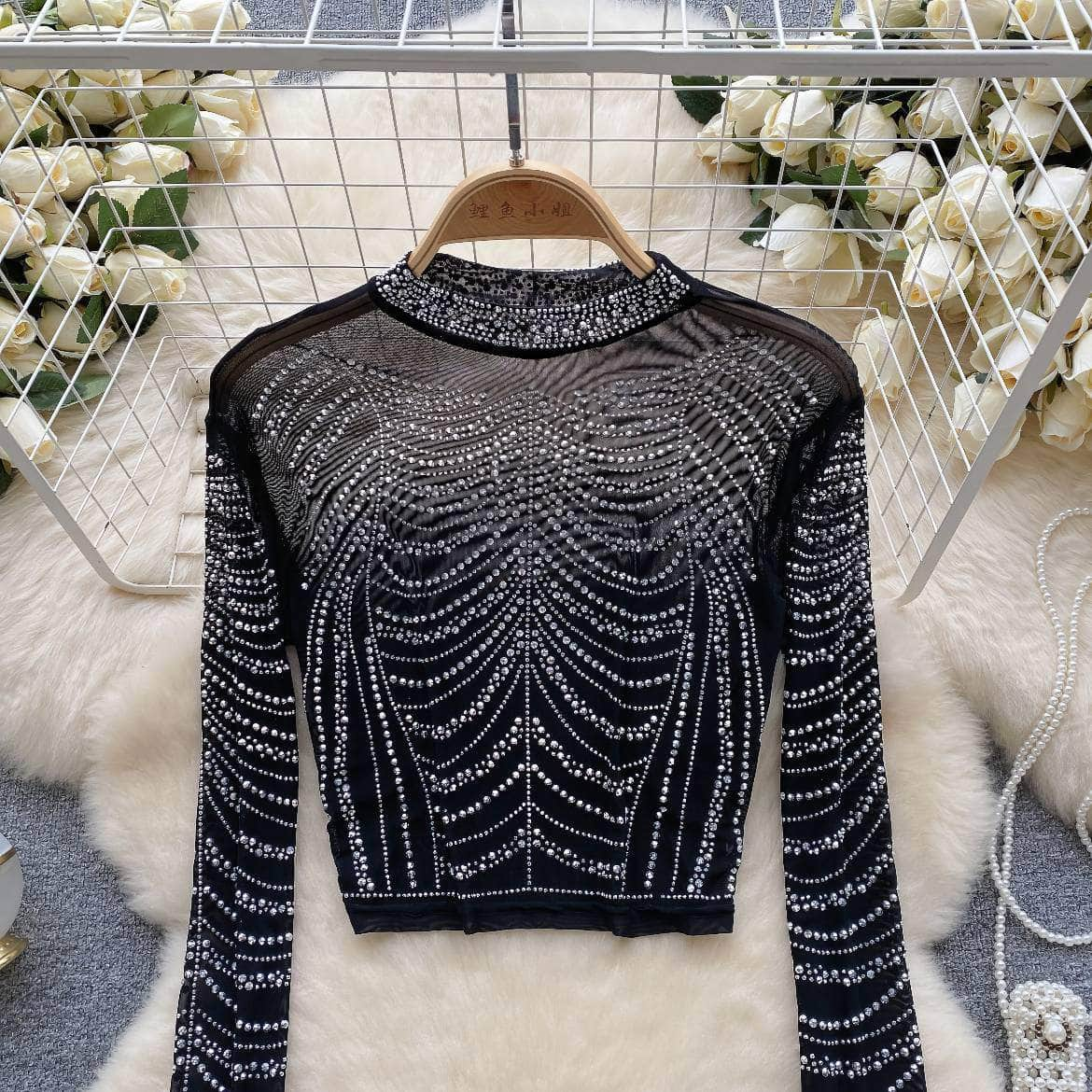 Rhinestone Embellished Long Sleeve Mesh Top