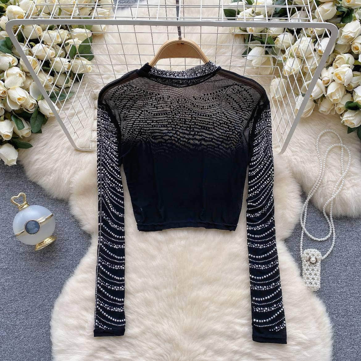 Rhinestone Embellished Long Sleeve Mesh Top