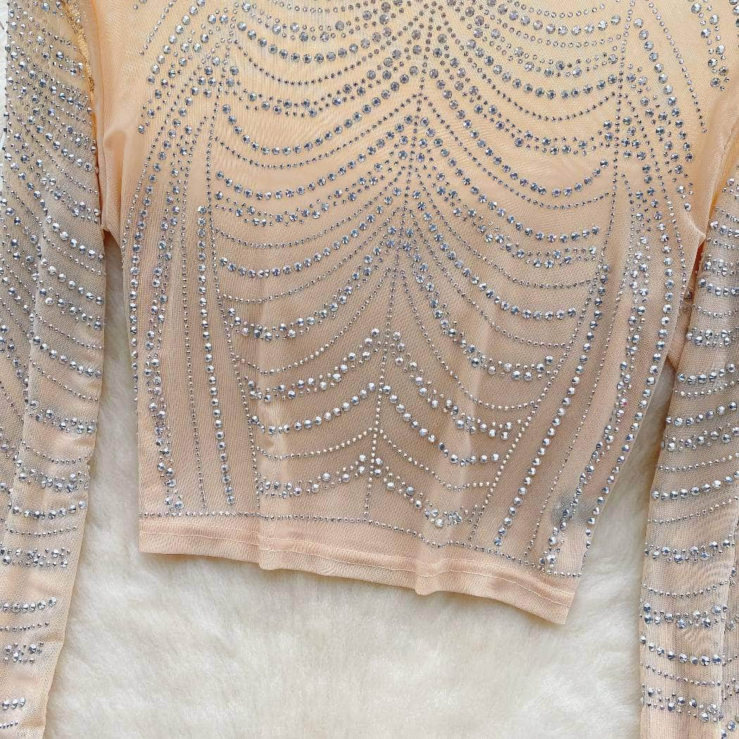 Rhinestone Embellished Long Sleeve Mesh Top