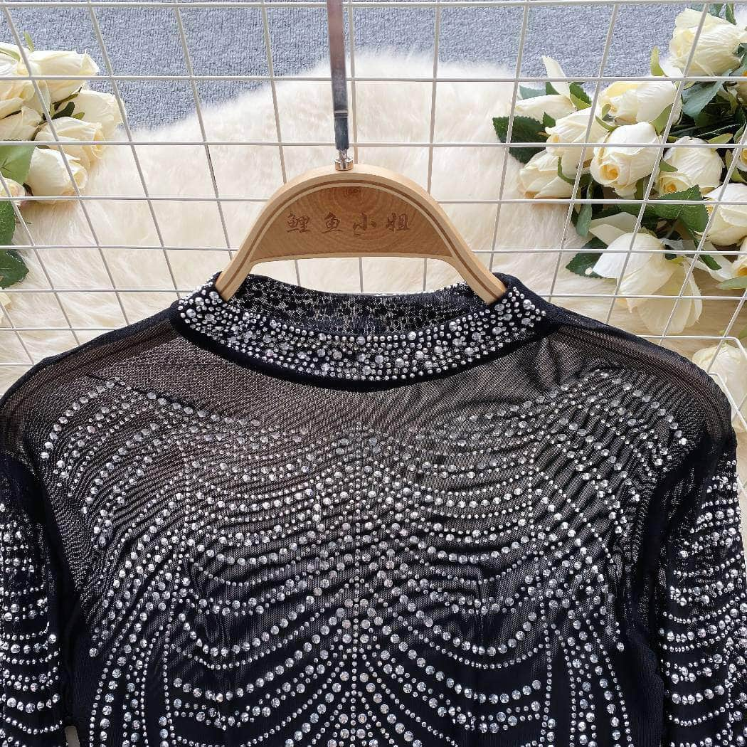 Rhinestone Embellished Long Sleeve Mesh Top