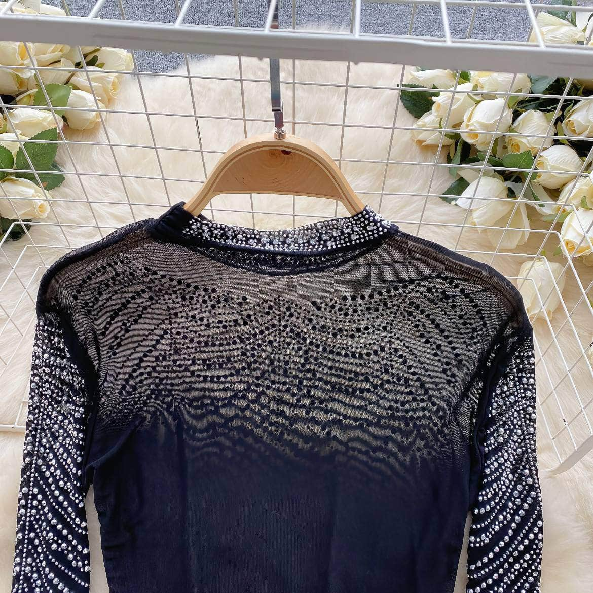 Rhinestone Embellished Long Sleeve Mesh Top