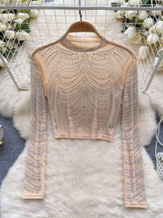 Rhinestone Embellished Long Sleeve Mesh Top MAX SIZE / Ivory