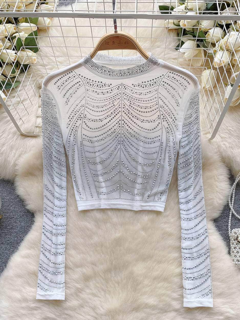 Rhinestone Embellished Long Sleeve Mesh Top MAX SIZE / White