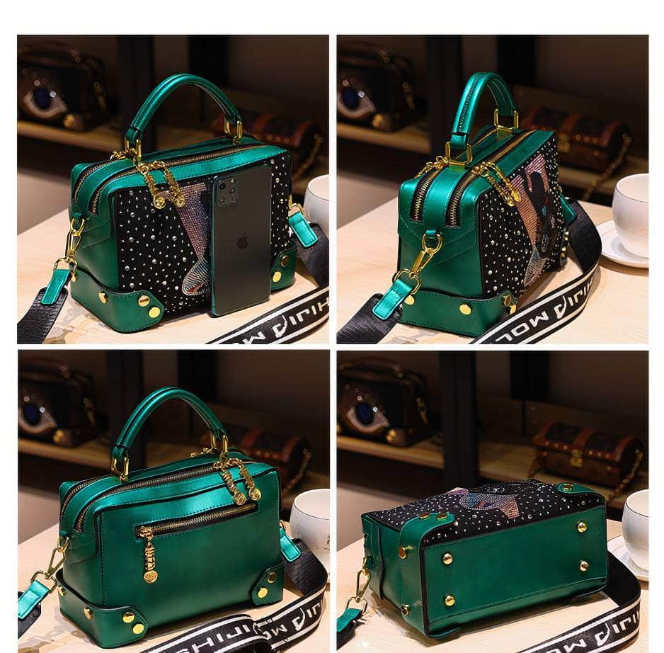 Rhinestone Embellished Top Handle Square Bag